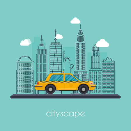 Vector flat illustration cityscape with downtown houses. Urban cityscape with taxi. Flat design modern vector illustration concept.のイラスト素材