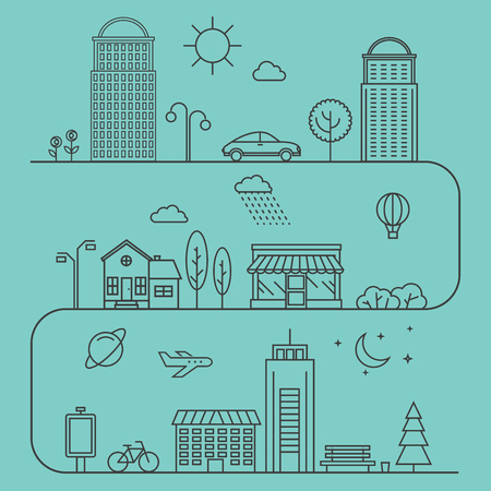 Vector city illustration in linear style. Icons and illustrations with buildings, houses and architecture signs. Ideal for business web publications and graphic design. Flat style vector illustration.のイラスト素材