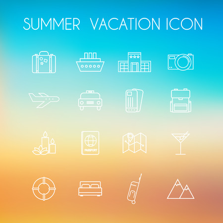 summer icon set on a blurred background beach.のイラスト素材