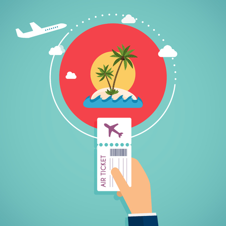 Buy air tickets. Traveling on airplane, planning a summer vacation, tourism and journey objects and passenger luggage.のイラスト素材