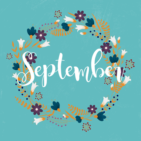 September. Wreath of  flowers, leaves, dandelion, grass. Design for invitation, wedding or greeting cards.のイラスト素材
