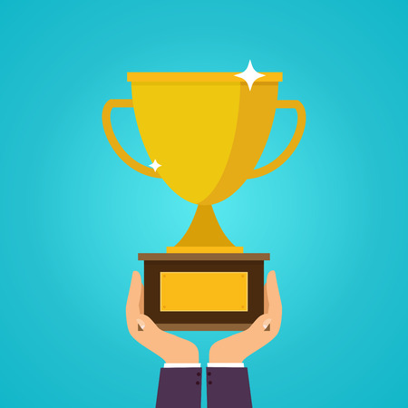 Hands holding winner's cups. Symbol of success, winning, championship. Flat design style modern vector illustration concept.のイラスト素材