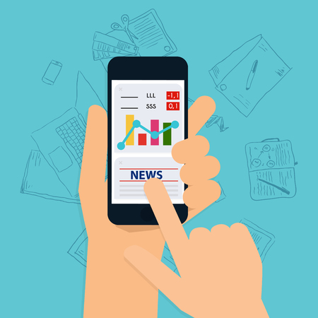 Hand holding mobile smart phone with business application. Flat design style modern vector illustration concept.のイラスト素材
