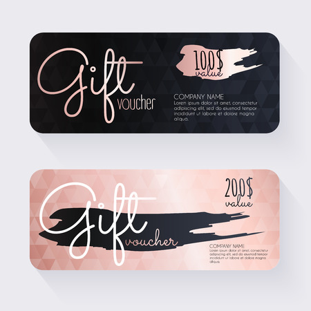 Gift voucher template with rose gold gift background, Gift certificate. Background design gift coupon, voucher, certificate, invitation, currency. Collection gift certificate. Vector illustration.のイラスト素材