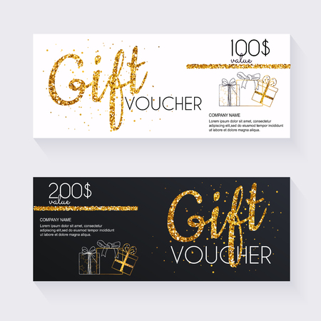 Voucher template with gold gift box,certificate. Background design coupon, invitation, currency. Vector illustration.のイラスト素材