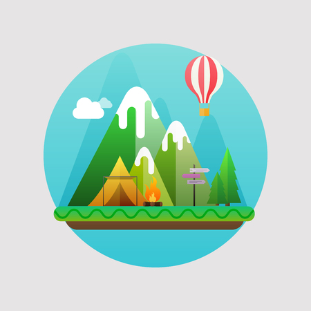 Mountains summer landscape. Concept with flat camping travel icons vector illustration.のイラスト素材