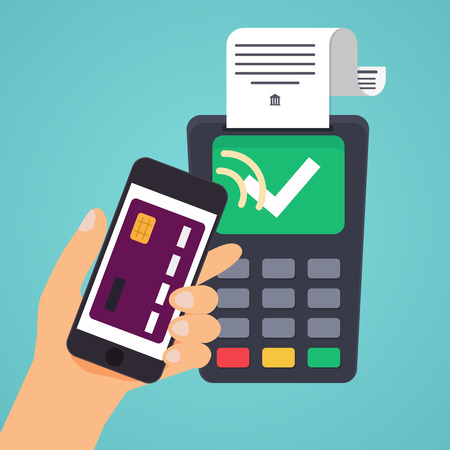 Contactless payment. Male hand holding credit card. Illustration of wireless mobile payment by credit card. Flat design modern vector illustration concept.のイラスト素材