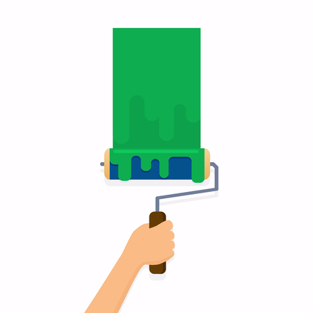 Hand holding roller brush and painting a wall. Flat design modern vector illustration concept.のイラスト素材