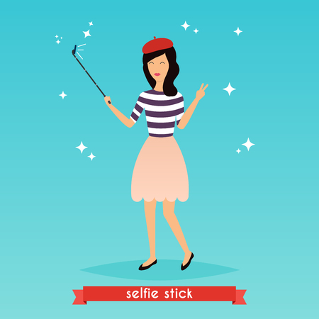 Hipster girl taking a selfie with mobile phone. Concept of  new trends and technology. Vector illustration.のイラスト素材