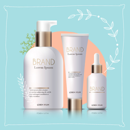 Mockup of realistic 3d cosmetics products for your design, on a background cartoon leaf. Vector illustration.のイラスト素材