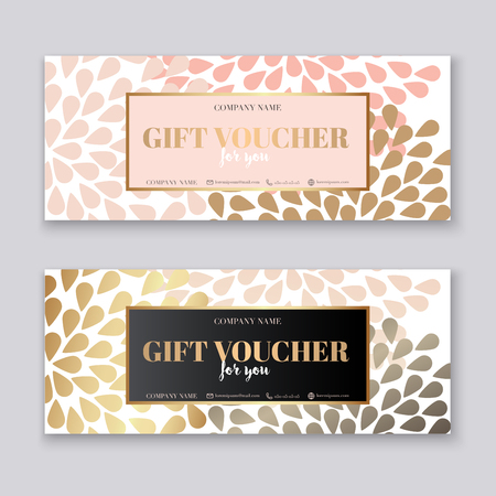 Voucher template with gold gift box,certificate. Background design coupon, invitation, currency. Vector illustration.のイラスト素材
