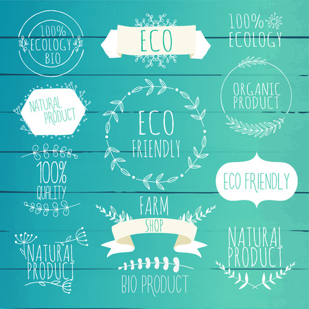 Collection of green labels and badges for organic, natural, bio and eco friendly products. Vintage vector.のイラスト素材