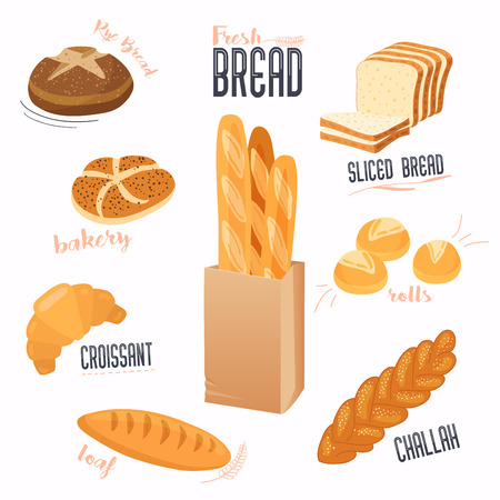 Set of cartoon food: bread, bread, buns, croissant, loaf. Vector illustration, isolated on white.のイラスト素材