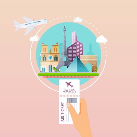 Hand holding boarding pass at airport to Paris. Traveling on airplane, planning a summer vacation, tourism and journey objects and passenger luggage. Flat design modern vector illustration concept.のイラスト素材