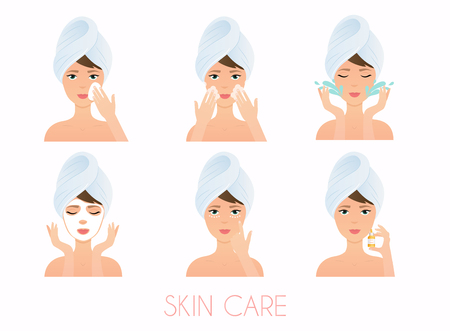 Face care routine. Girl Cleaning And Care Her Face With Various Actions Set.  Skincare vector.のイラスト素材
