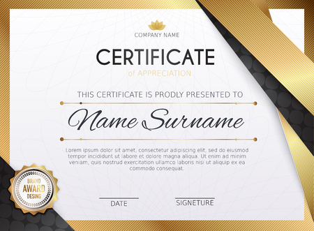 Certificate template with golden decoration element. Design diploma graduation, award. Vector illustration.のイラスト素材