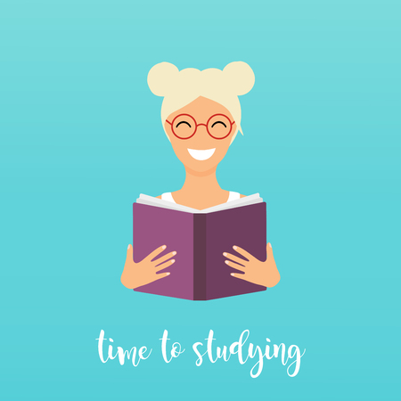 Time to studying. Girl reading a book. Flat design vector illustration.のイラスト素材