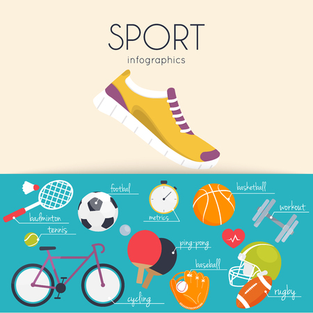 Concept of sport infographics. Icons for web: fitness, sport equipment and metrics. Flat design vector illustration.のイラスト素材