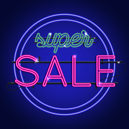 Bright Neon super sale sign. Vector background for your advertise, discounts and business.のイラスト素材