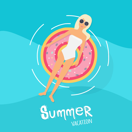 Woman in swim suit lying on floating swimming pool mattress. Summer time.のイラスト素材