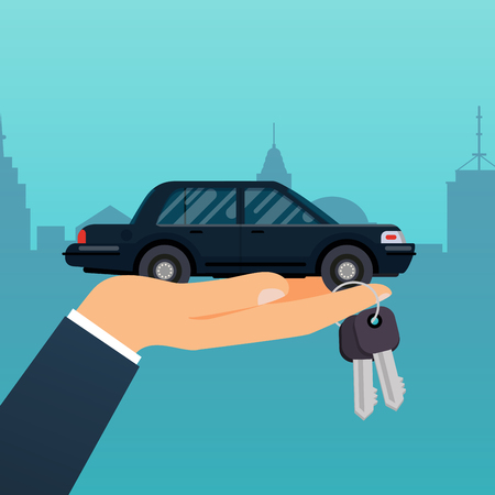 Car seller hand holding key to buyer. Selling, leasing or renting car service. Flat design modern vector illustration concept.のイラスト素材