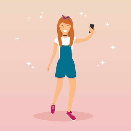 Hipster girl taking a selfie with mobile phone. Concept of new trends and technology. Vector illustration.のイラスト素材