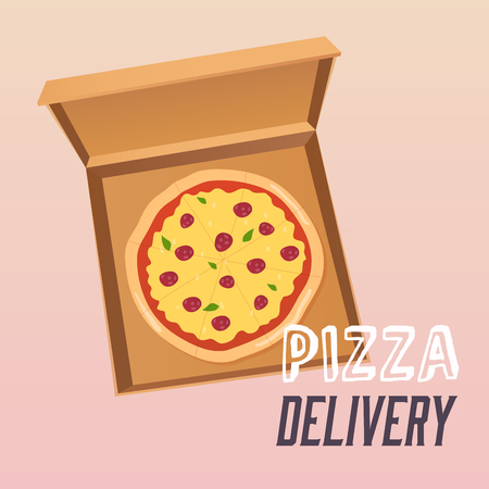 Pizza in the opened cardboard box. Delivery.  Flat design style modern vector illustration.のイラスト素材