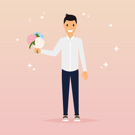 Man with a bouquet of flowers. Flat design elements, minimalist style. Vector illustration.のイラスト素材