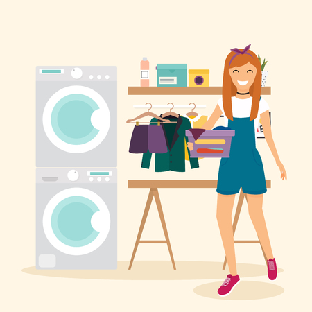 Woman housewife washes clothes. Laundry room with facilities for washing. Flat design elements, minimalist style. Vector illustration.のイラスト素材