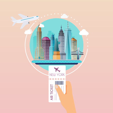 Hand holding boarding pass at airport to New York. Traveling on airplane, planning a summer vacation, tourism and journey objects and passenger luggage. Flat design modern vector illustration concept.のイラスト素材