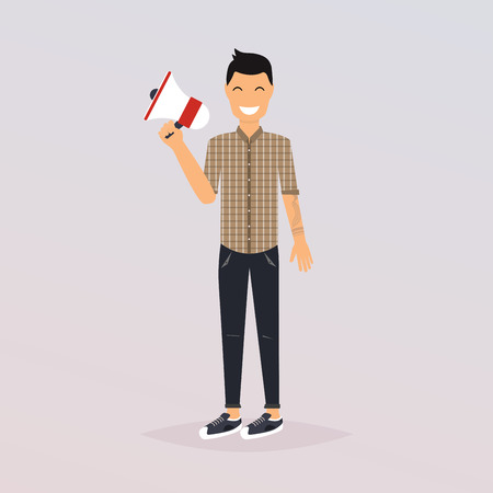 Man speaking through megaphone. Social media marketing concept. Promoter advertising using megaphone. Flat design modern vector illustration concept.のイラスト素材