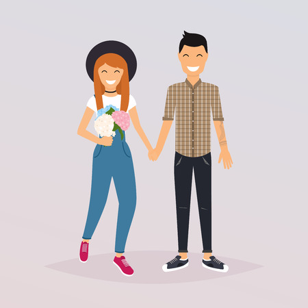Couple of young people. Cartoon character romantic couple. Girl, boy icon. Flat design modern vector illustration concept.のイラスト素材
