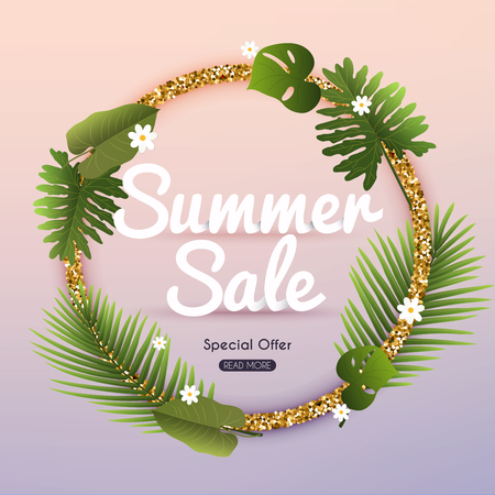Summer Sale Banner with tropical plants. Poster, Flyer. Blurred background. Vector illustration.のイラスト素材