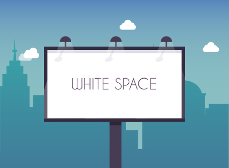 Billboard with copy space text standing high over large city street skyscrapers buildings. Flat design modern vector illustration concept.のイラスト素材