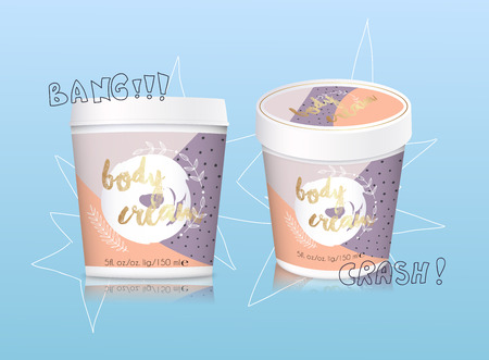 Mockup of realistic 3d cosmetics products for your design, on a background cartoon leaf. Vector illustration.のイラスト素材