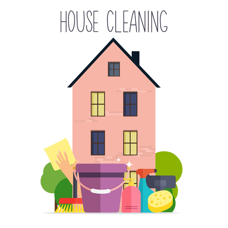House Cleaning. Poster template for house cleaning services with various cleaning tools. Flat design modern vector illustration concept.のイラスト素材