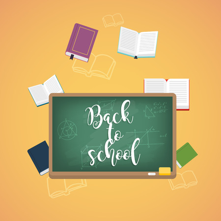 Back to school illustration with books and formulas on the background. Flat design modern vector illustration concept.のイラスト素材