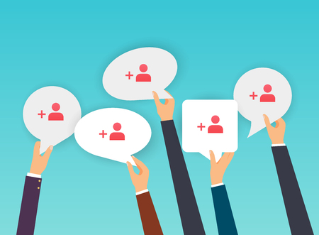 People holding Speech Bubbles with subscribers icon. Flat design modern vector illustration concept.のイラスト素材