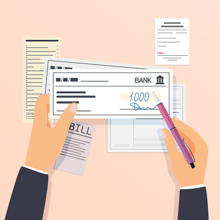 Payments and financial operations. signing bank check. Flat design modern vector illustration concept.のイラスト素材