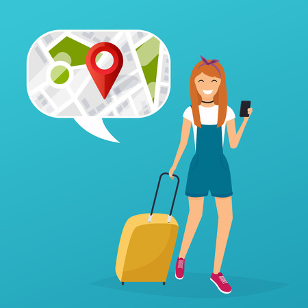 Young woman holding mobile smart phone with mobile gps searching point on the city map. Vector modern flat creative info graphics design on search app. Flat design modern vector illustration concept.のイラスト素材