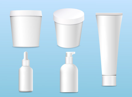 Mockup of realistic 3d cosmetics products for your design, on a background cartoon leaf. Vector illustration.のイラスト素材