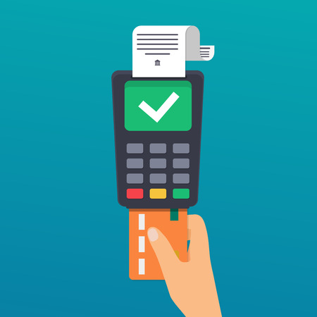 Payment. Hand holding credit card. Illustration of wireless payment by credit card. Flat design modern vector illustration concept.のイラスト素材
