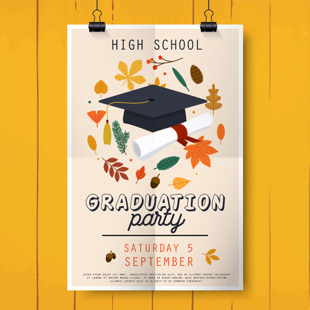 Graduation party poster with graduation cap, diploma and autumn leafs on the background. Flat design modern vector illustration concept.のイラスト素材