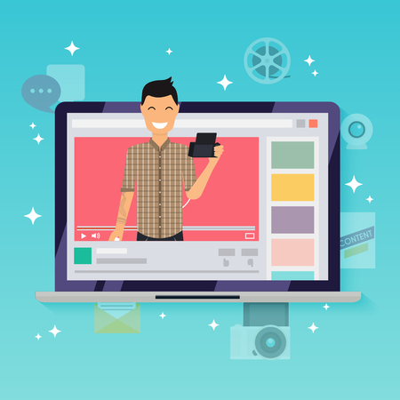 Happy blogger man in a laptop. Handsome man records video blog.のイラスト素材
