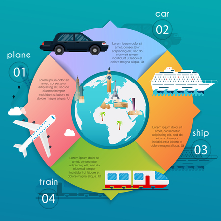 Transportation infographic. Different types of transportation and word travel. Vector illustration.のイラスト素材