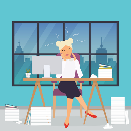Business woman working at his office desk. Stress at work. Flat design modern vector business concept.のイラスト素材