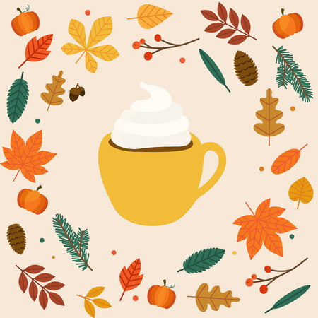 Hello autumn. Cup of coffee/latte Autumn leafs on the background. Flat design modern vector illustration concept.のイラスト素材