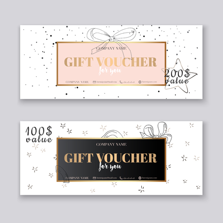 Gift voucher template with gold background. Background design coupon, voucher, certificate, invitation, currency. Vector illustration.のイラスト素材