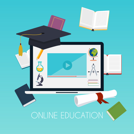 Online education concept. Science concept with book computer and studying icons. 
E-learning. Flat design modern vector illustration concept.のイラスト素材