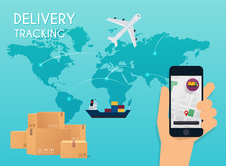 Hand holding mobile smart phone with app delivery tracking. Vector modern flat creative info graphics design on  application.のイラスト素材